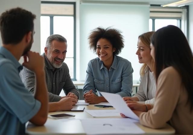 Membros da equipe colaborando em um ambiente de escritório profissional